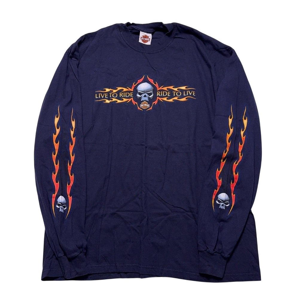 Vintage Harley Davidson Long Sleeve Shirt Mens 2XL Tribal Flames Skull Y2K